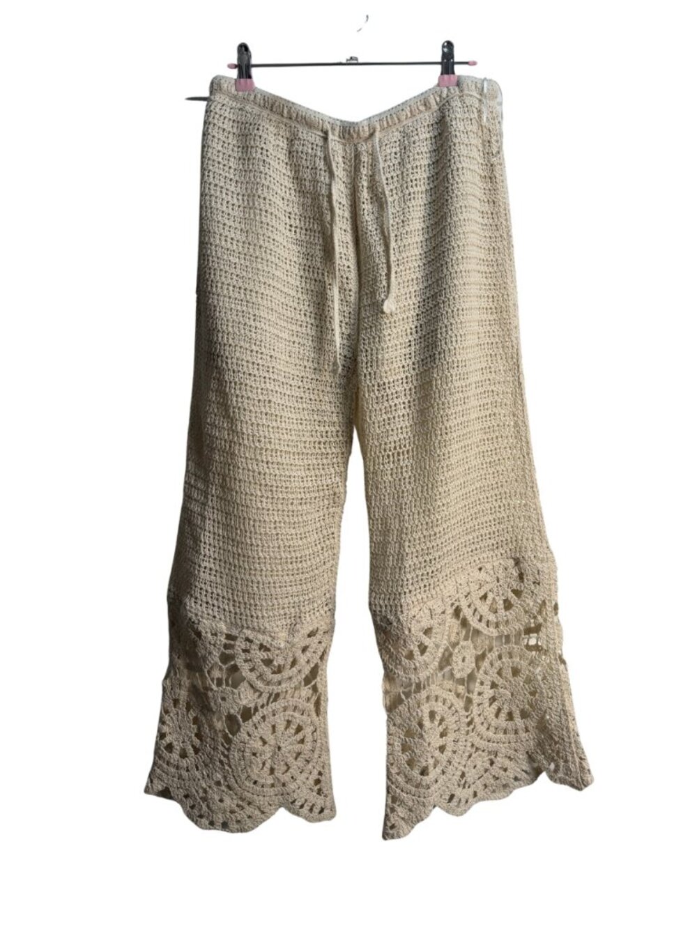 Solitaire Beige Crochet Wide Leg Drawstring Pants Scalloped Hem XL NWT